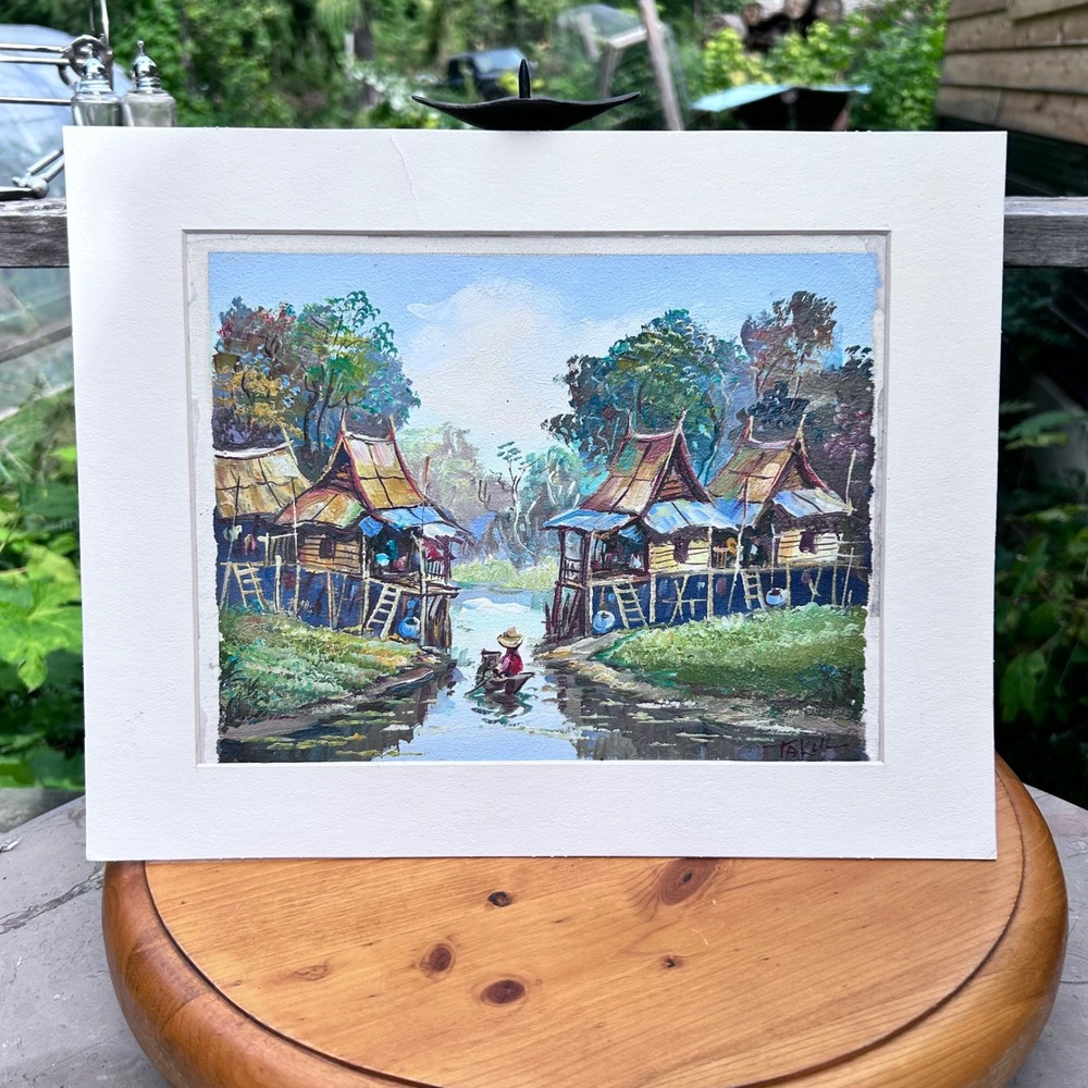 Vintage Thai Stilt House River Village Scene Oil Painting 12x14 Takul MCM